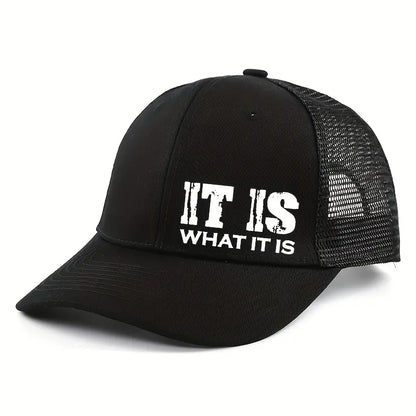 IT IS WHAT IT IS Printed Mesh Trucker Hat - Adjustable, Breathable Baseball Cap for Casual Outdoor Use, Unisex Sun Protection