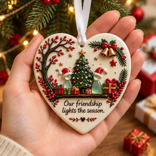Christmas Friendship Heart Ornament 🎄💕 Glazed Ceramic Keepsake With Sea Glass Figures & Heartfelt Blessing