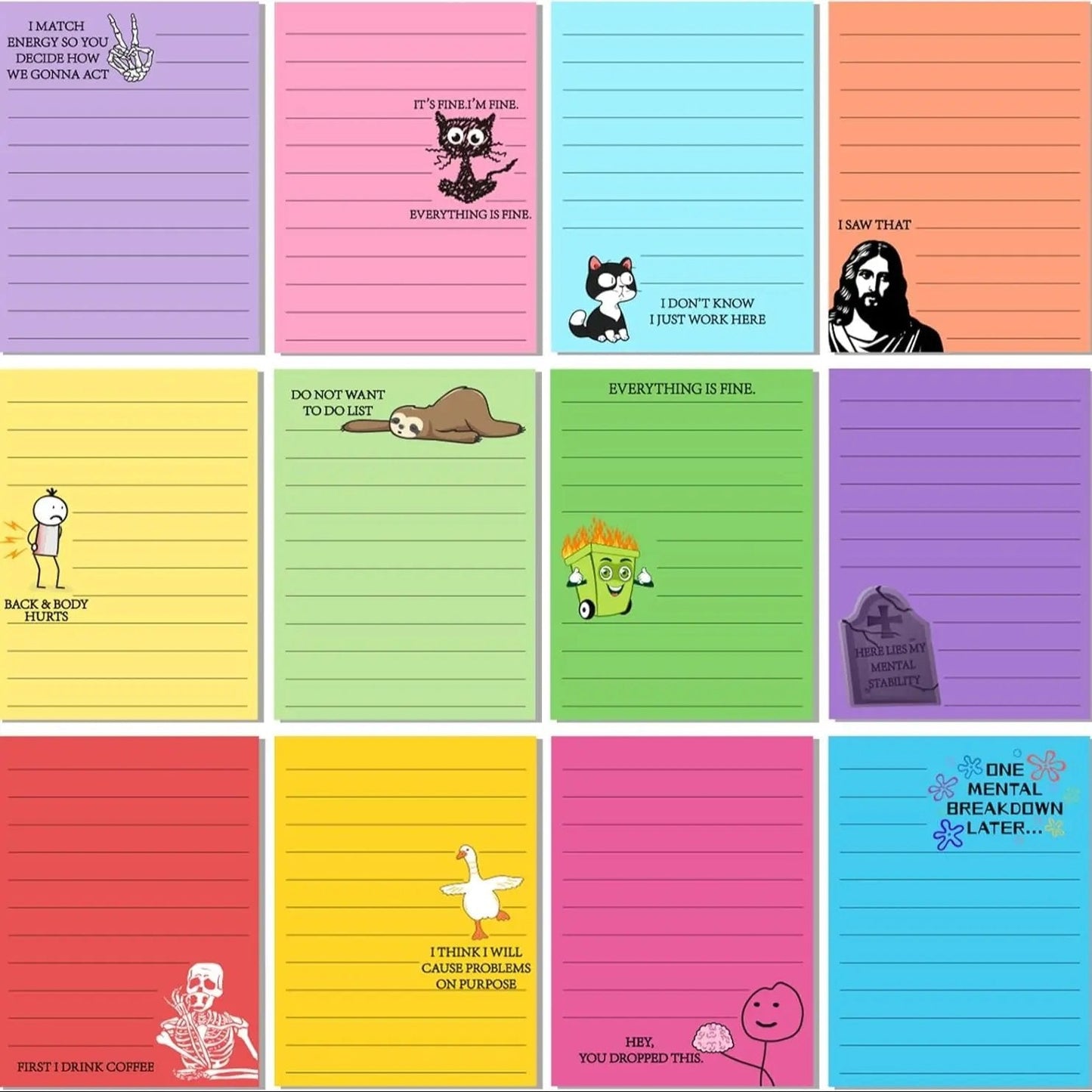 🔥12 Pads Funny Office Sticky Notes Set — 12 Unique Designs | Sarcastic & Quirky, Perfect Coworker Gift🎁