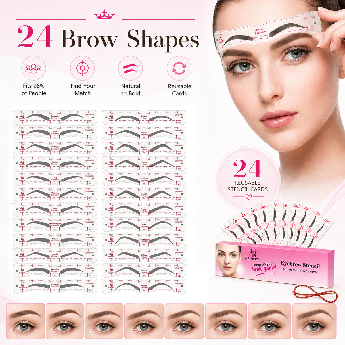 Eyebrow Stencil, 24 Eyebrow Shaper Kit, Reusable Eyebrow Template With Strap, 3 Minutes Makeup
