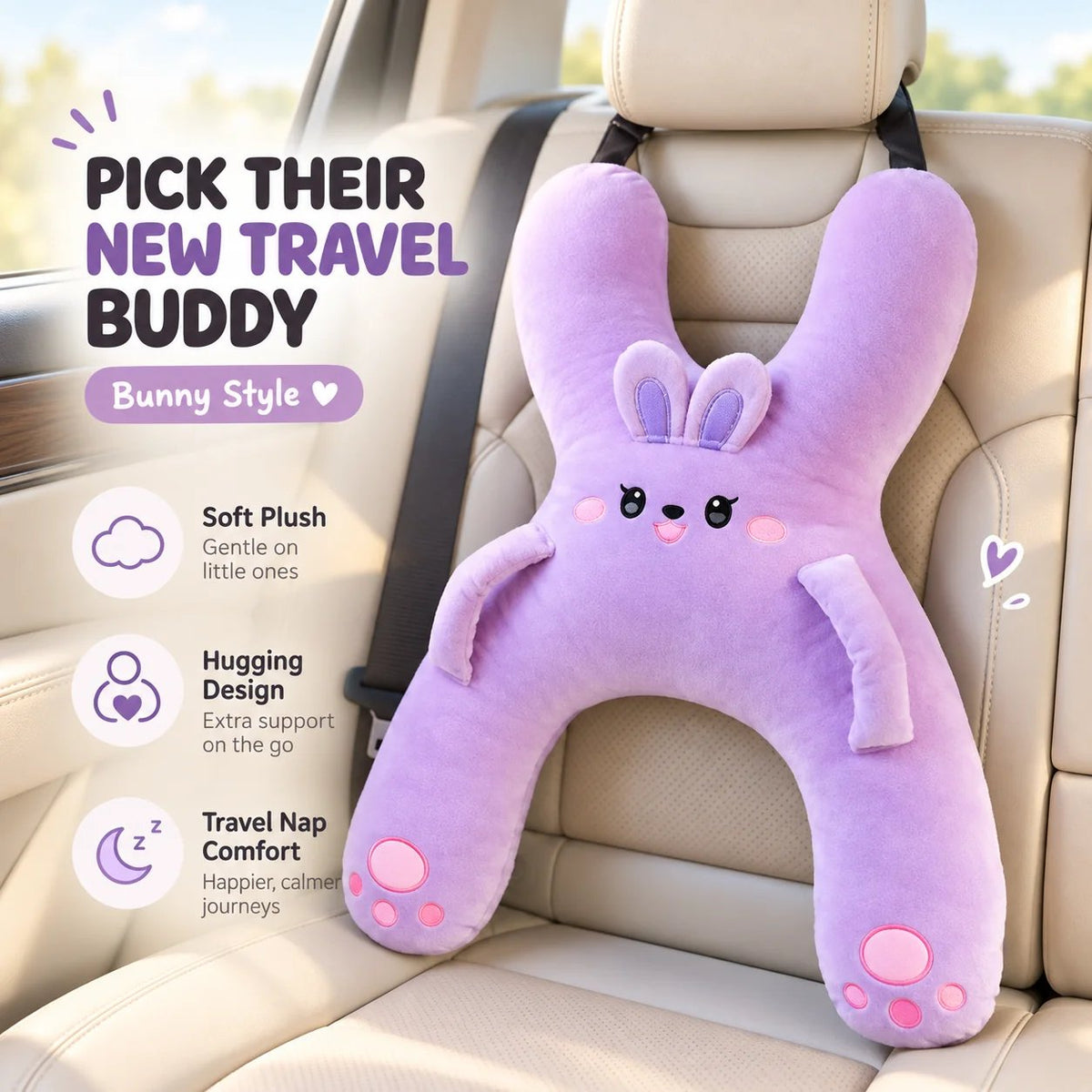 Tyiipro™ Kids Full-Body Car Travel Pillow – Cute Animal Travel Cushion for Road Trips & Naps
