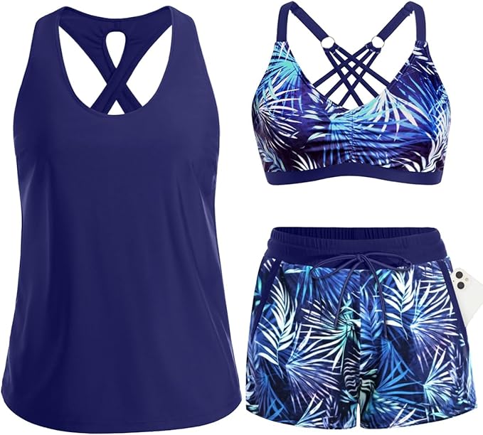 Women's 3-Piece Tankini Swimsuit Set with Pocket Shorts