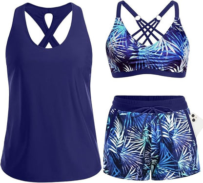 Women's 3-Piece Tankini Swimsuit Set with Pocket Shorts