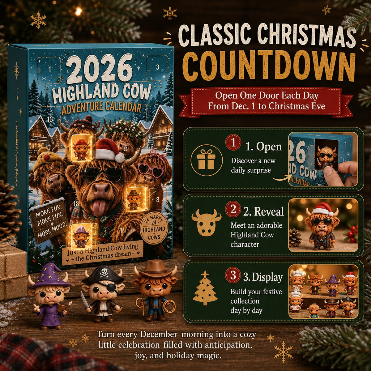 🐮🎄 Highland Cow Christmas Advent Calendar 2026-Open One Door a Day & Grow Your Own Highland Cow Christmas Village!