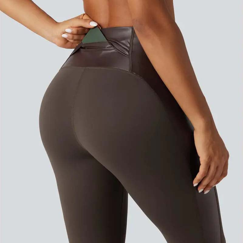 High Waisted Stretchy PU Tummy Control Yoga Leggings with Pocket 🧘