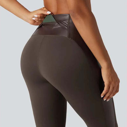 High Waisted Stretchy PU Tummy Control Yoga Leggings with Pocket 🧘