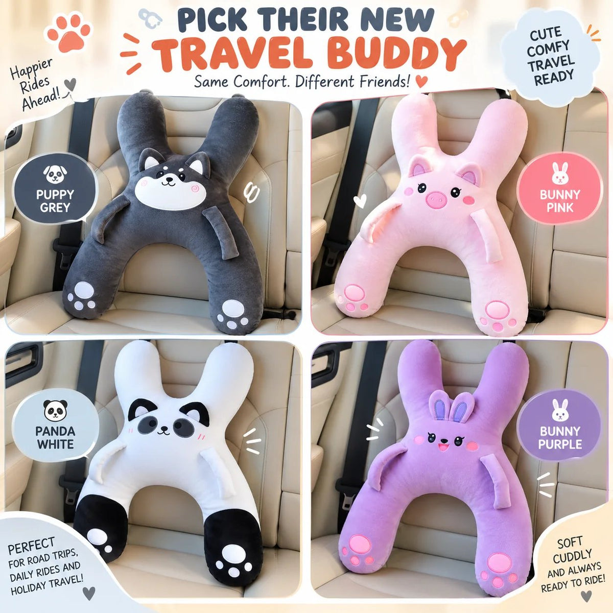 Tyiipro™ Kids Full-Body Car Travel Pillow – Cute Animal Travel Cushion for Road Trips & Naps