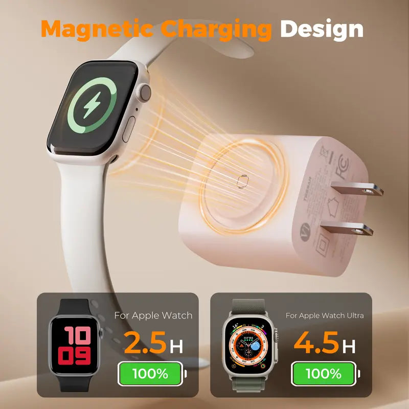 3-in-1 Wall Charger with Built-In Magnetic Watch Charger – 23W USB-C & USB-A Ports, US Plug