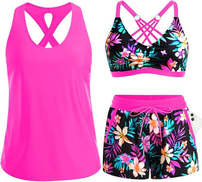 Women's 3-Piece Tankini Swimsuit Set with Pocket Shorts