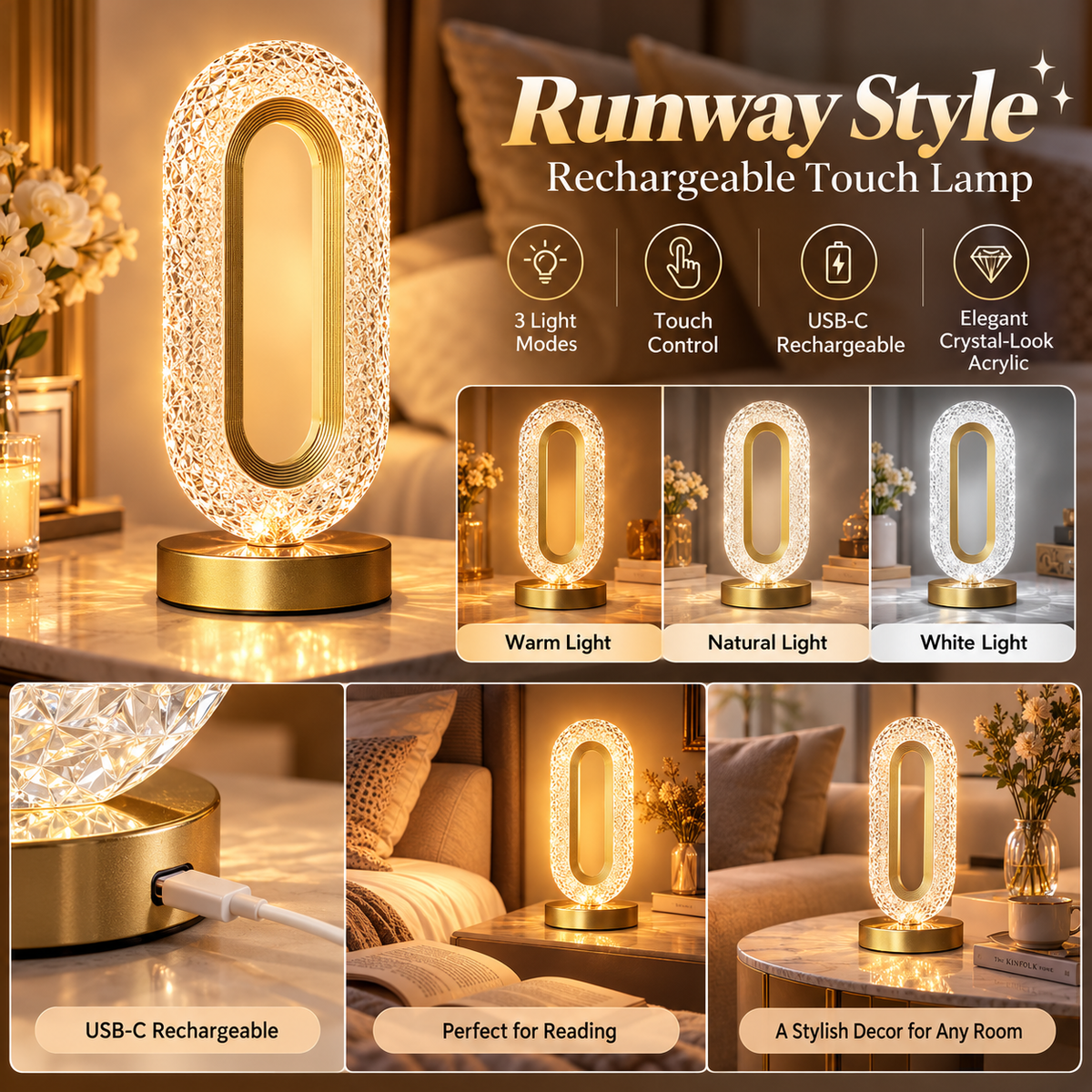 Rechargeable Touch Bedside Lamp – 3-Color LED Night Light