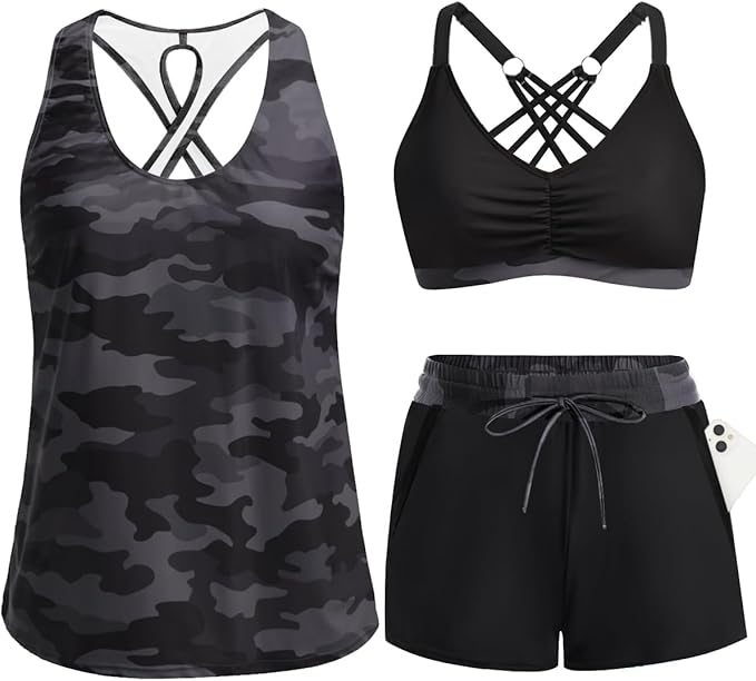 Women's 3-Piece Tankini Swimsuit Set with Pocket Shorts