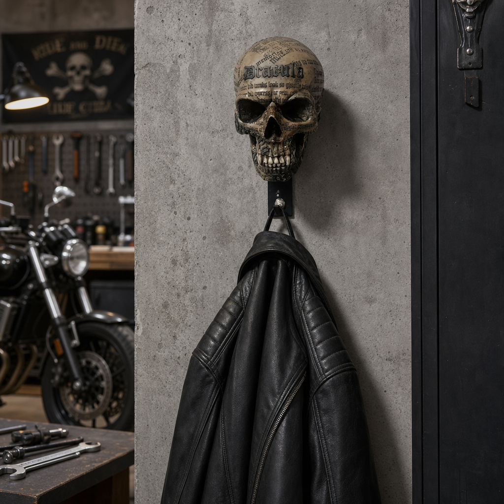 TYIIPRO™ Skull Motorcycle Helmet Holder – Punk Skull Wall Mount Rack for Helmets, Jackets & Garage Decor