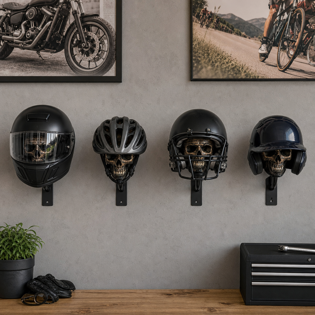 TYIIPRO™ Skull Motorcycle Helmet Holder – Punk Skull Wall Mount Rack for Helmets, Jackets & Garage Decor