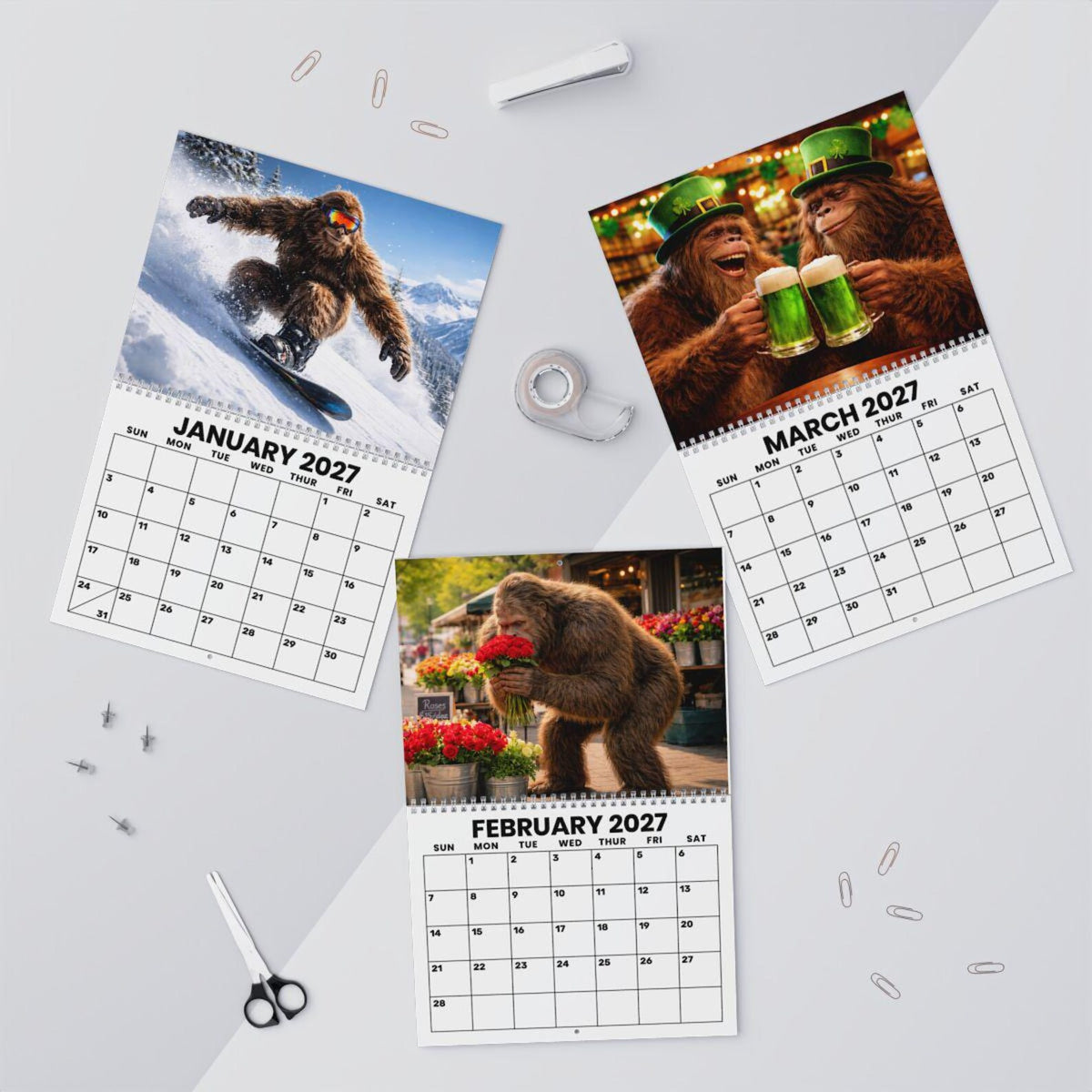 TYII™ Sasquatch Bigfoot 2027 Wall Calendar – Funny 12-Month Cryptid Calendar, 8.5" × 11" Spiral Hanging Calendar