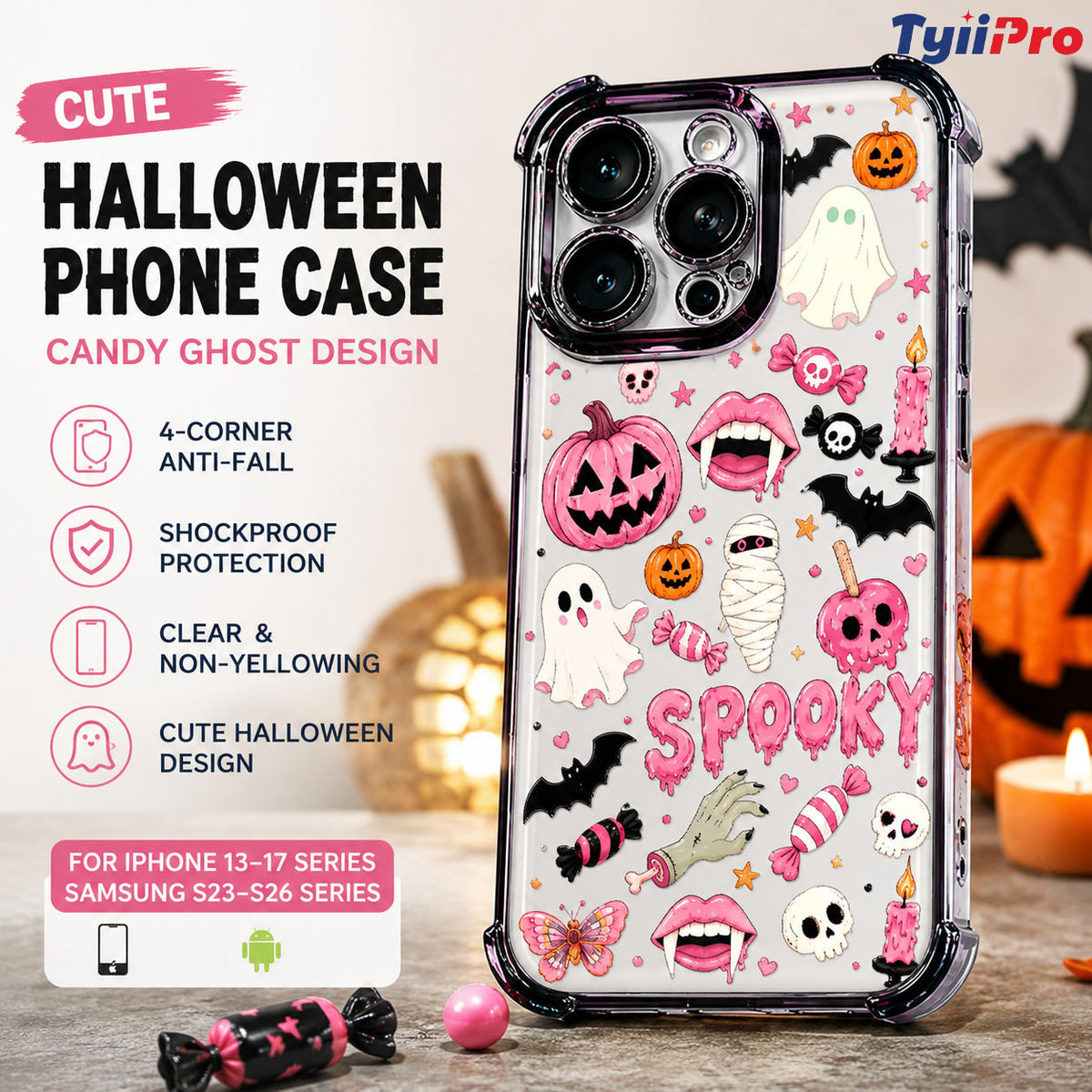 🎃TYIIPRO™ Halloween Candy Ghost Phone Case – Cute Pumpkin & Ghost Design, Shockproof Magnetic Case