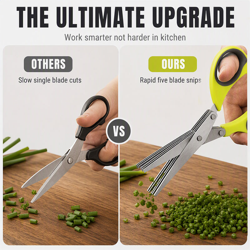 5-Blade Herb Scissors with Cleaning Brush – Stainless Steel Kitchen Herb Cutter