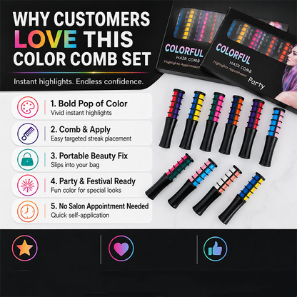 Temporary Hair Dye Comb Applicator - 12 Vibrant Colors, Easy to Use & Washable
