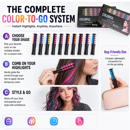 Temporary Hair Dye Comb Applicator - 12 Vibrant Colors, Easy to Use & Washable