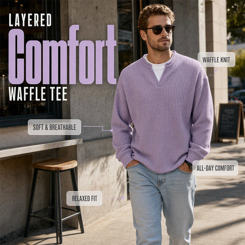 Men's Thick Waffle Knit Faux Two-Piece Sweatshirt – Layered Look Long Sleeve Top