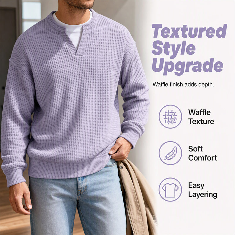 Men's Thick Waffle Knit Faux Two-Piece Sweatshirt – Layered Look Long Sleeve Top