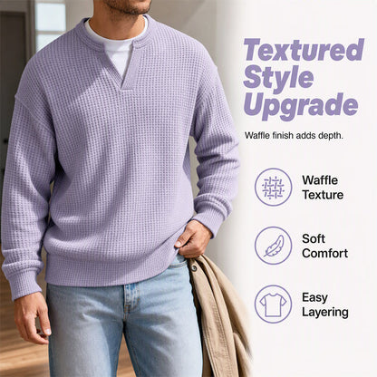 Men's Thick Waffle Knit Faux Two-Piece Sweatshirt – Layered Look Long Sleeve Top