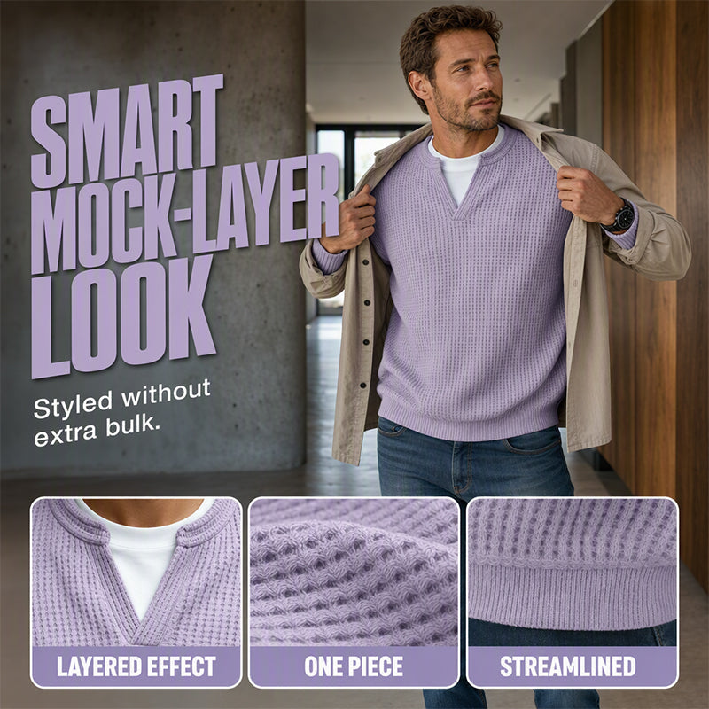 Men's Thick Waffle Knit Faux Two-Piece Sweatshirt – Layered Look Long Sleeve Top