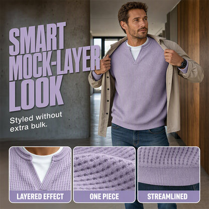 Men's Thick Waffle Knit Faux Two-Piece Sweatshirt – Layered Look Long Sleeve Top