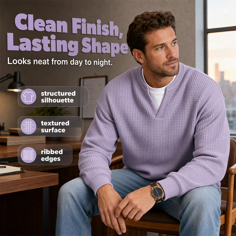 Men's Thick Waffle Knit Faux Two-Piece Sweatshirt – Layered Look Long Sleeve Top