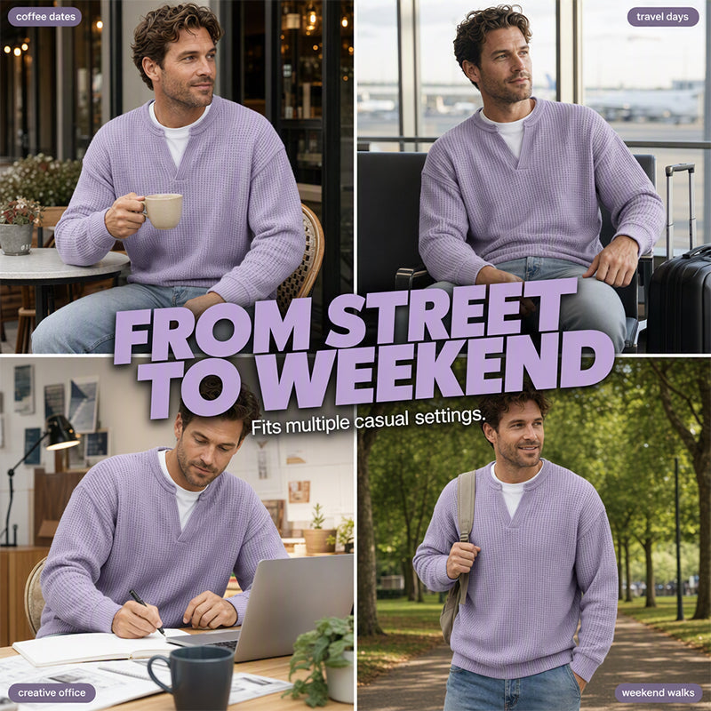 Men's Thick Waffle Knit Faux Two-Piece Sweatshirt – Layered Look Long Sleeve Top