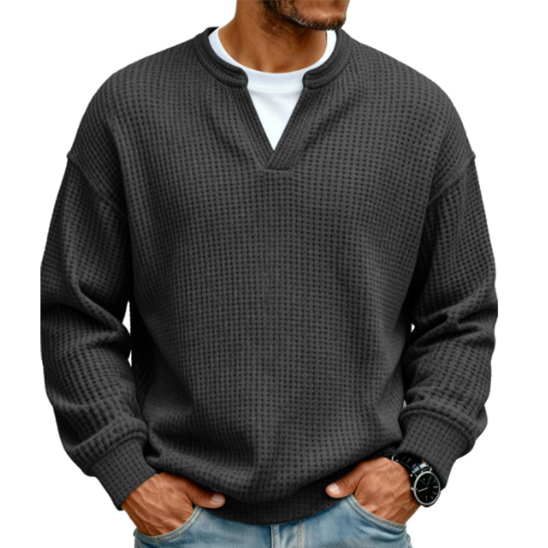 Men's Thick Waffle Knit Faux Two-Piece Sweatshirt – Layered Look Long Sleeve Top
