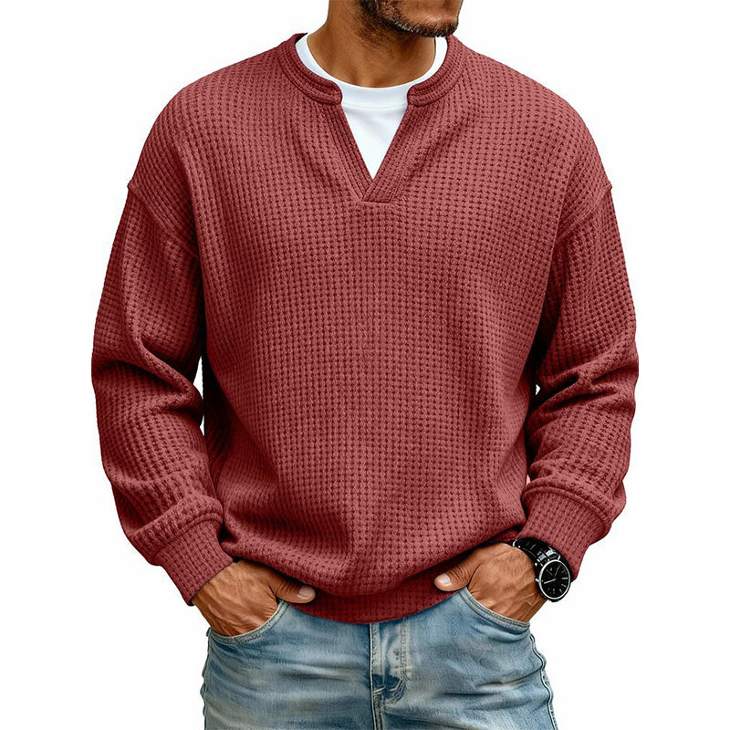 Men's Thick Waffle Knit Faux Two-Piece Sweatshirt – Layered Look Long Sleeve Top