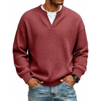 Men's Thick Waffle Knit Faux Two-Piece Sweatshirt – Layered Look Long Sleeve Top