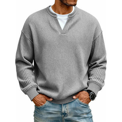 Men's Thick Waffle Knit Faux Two-Piece Sweatshirt – Layered Look Long Sleeve Top