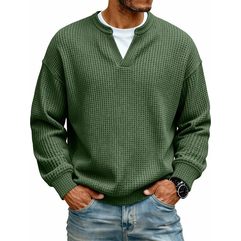 Men's Thick Waffle Knit Faux Two-Piece Sweatshirt – Layered Look Long Sleeve Top