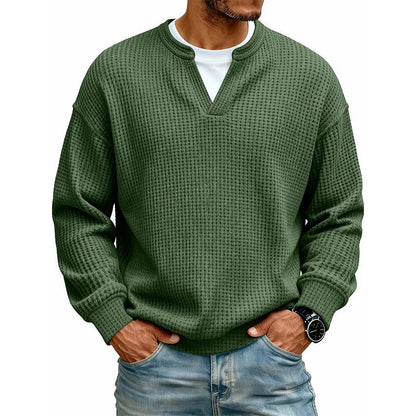 Men's Thick Waffle Knit Faux Two-Piece Sweatshirt – Layered Look Long Sleeve Top