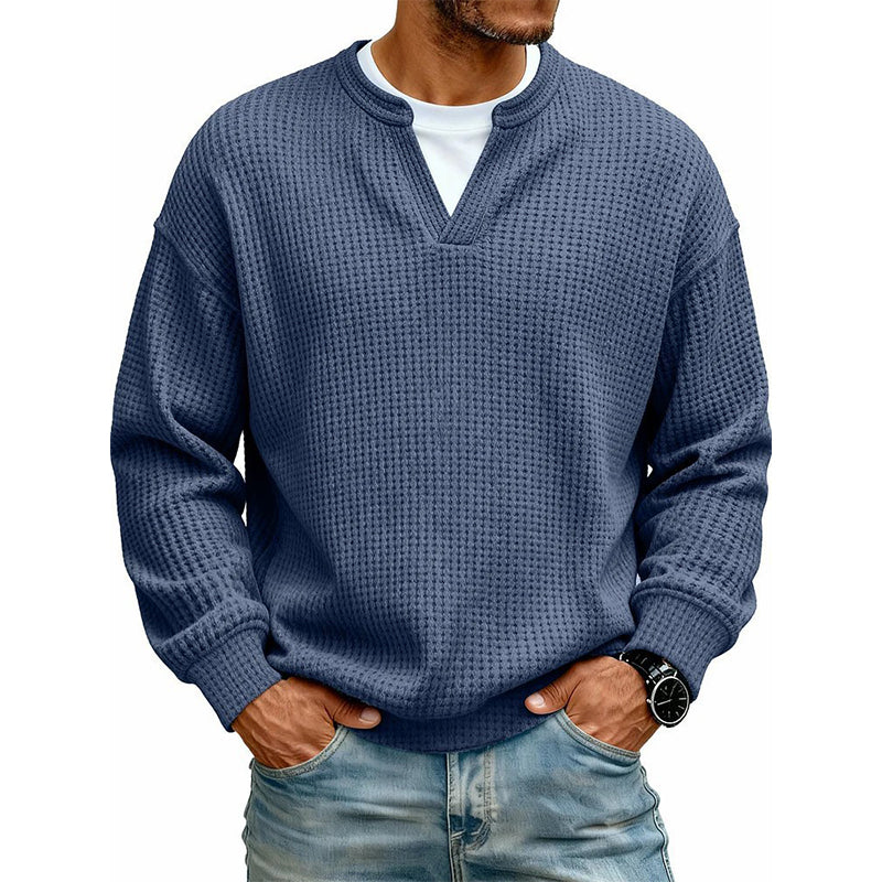Men's Thick Waffle Knit Faux Two-Piece Sweatshirt – Layered Look Long Sleeve Top