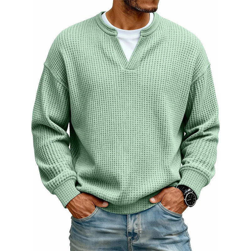 Men's Thick Waffle Knit Faux Two-Piece Sweatshirt – Layered Look Long Sleeve Top