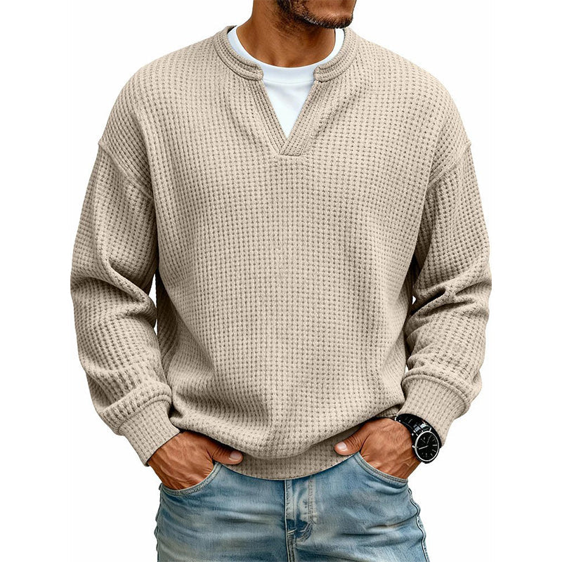 Men's Thick Waffle Knit Faux Two-Piece Sweatshirt – Layered Look Long Sleeve Top