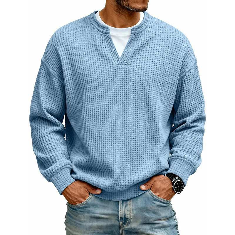 Men's Thick Waffle Knit Faux Two-Piece Sweatshirt – Layered Look Long Sleeve Top