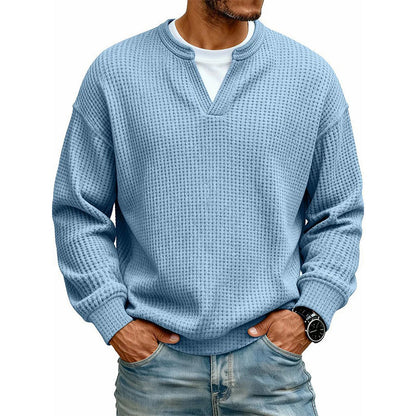 Men's Thick Waffle Knit Faux Two-Piece Sweatshirt – Layered Look Long Sleeve Top