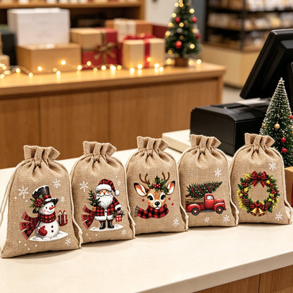 Christmas Drawstring Gift Bags – Reusable Santa & Reindeer Treat Bags