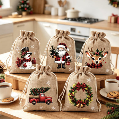Christmas Drawstring Gift Bags – Reusable Santa & Reindeer Treat Bags