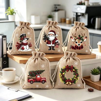 Christmas Drawstring Gift Bags – Reusable Santa & Reindeer Treat Bags