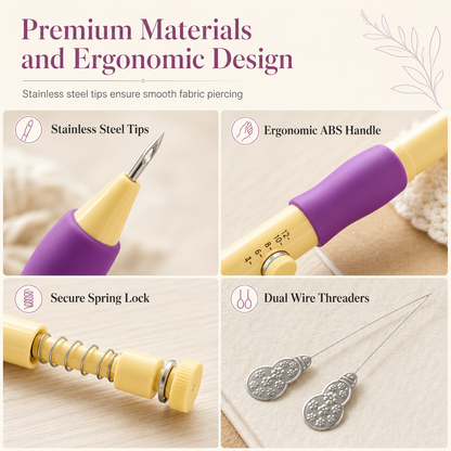 Punch Needle Embroidery Tool Kit – Adjustable Punch Needle Pen with 3 Needle Sizes