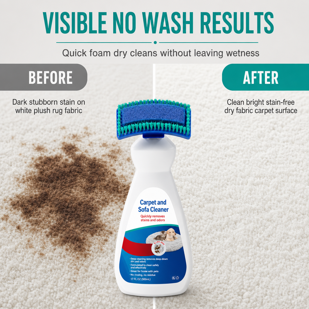 Waterless Fabric & Carpet Cleaner – Deep Cleaning Foam with Scrubbing Applicator