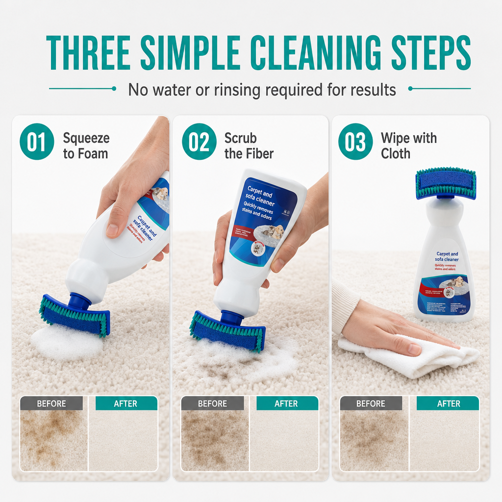 Waterless Fabric & Carpet Cleaner – Deep Cleaning Foam with Scrubbing Applicator