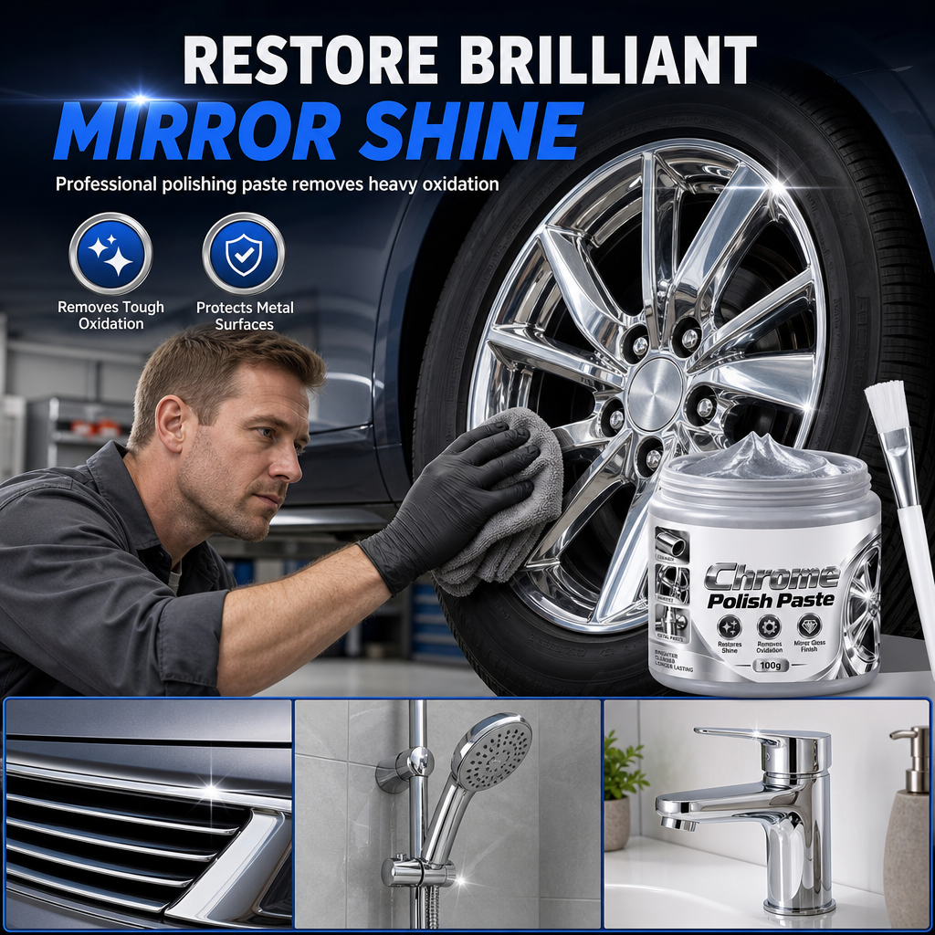 Metal Chrome Polish & Restorer Paste with Brush – 100g Metal Cleaner for Automotive & Household Use