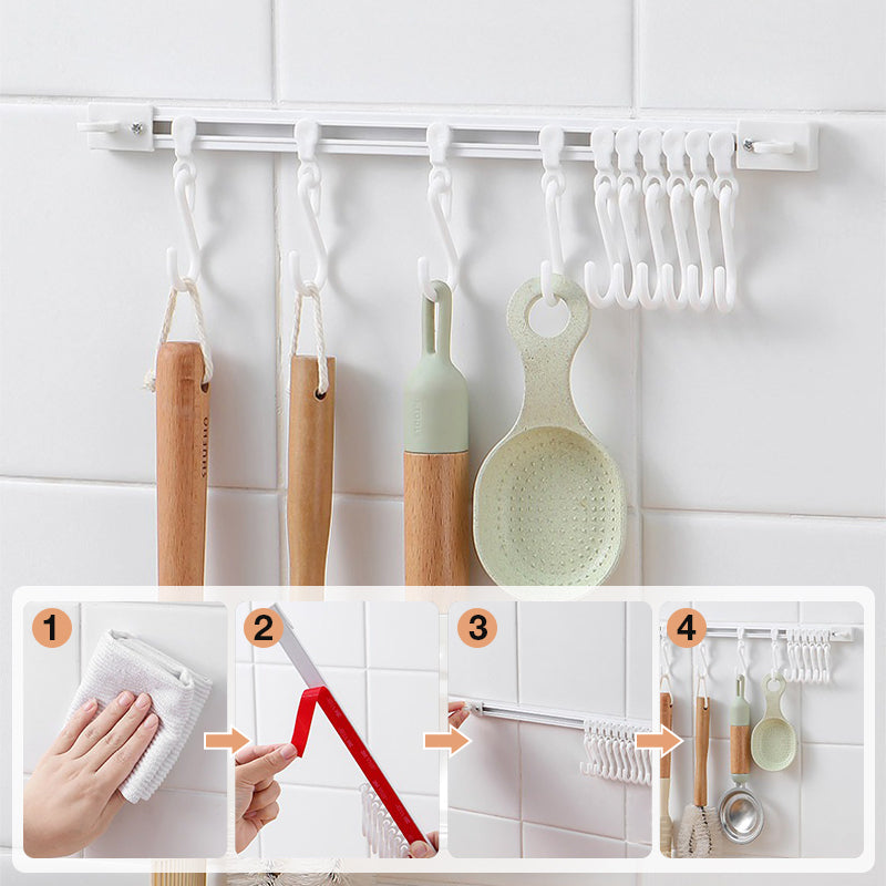 Punch-Free Sliding Track Hooks – Adjustable Wall-Mounted Organizer for Kitchen & Bathroom