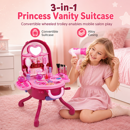 ✨ 3-in-1 Princess Vanity Suitcase — 30 Makeup Toys & Rolling Trolley 🧳