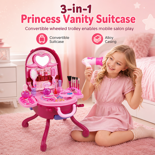 ✨ 3-in-1 Princess Vanity Suitcase — 30 Makeup Toys & Rolling Trolley 🧳